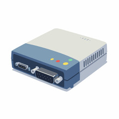 Fototapeta premium External dial-up modem — boxy unit with status LEDs, telephone RJ connector and DB9 serial port, white background