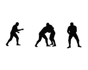 Three black silhouette figures depicting wrestling moves and stances against a white background