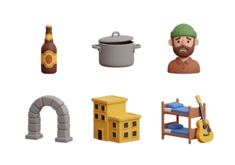 3d icon of set of 3d cartoon icons including a beer bottle, pot, man, arch, building, and bunk bed isolated on transparent background