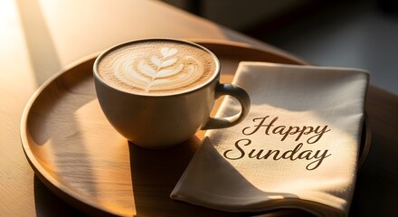 A cozy coffee cup on a wooden tray with a napkin featuring a cheerful message for Sunday.