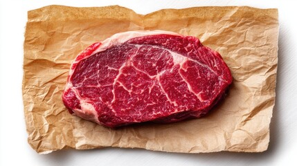 A fresh cut of marbled beef ribeye steak resting on crumpled brown paper against a white backdrop