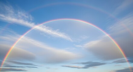 A vibrant rainbow arcs across a bright blue sky filled with fluffy white clouds and sunshine.