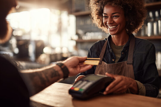 Friendly barista smiling as a customer pays with a credit card at a cozy coffee shop counter — warm service, contactless payment moment.