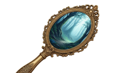 Antique hand mirror with forest reflection isolated on transparent background for fairytale