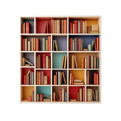 Full bookcase, many books, colorful compartments