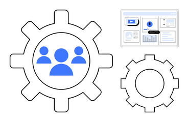 Large gear with group icon alongside analytics dashboard and smaller gear. Ideal for teamwork, collaboration, workflow, project management, productivity, data integration, and digital efficiency