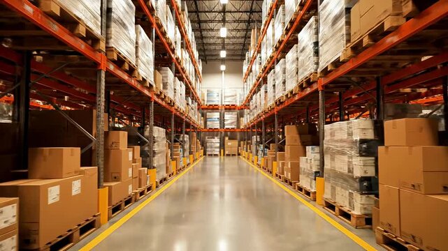 Spacious warehouse aisle perspective with stacked cardboard boxes and industrial shelves