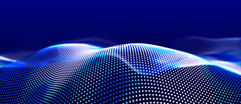 Abstract blue background of points. Falling cyber particles. Big data stream. 3d rendering