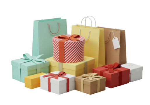 A curated collection of luxury gift boxes & elegant shopping bags with satin ribbons, unbranded tag, on seamless transparent background from 45-degree high angle view, concept of high-end gift - Powered by Adobe