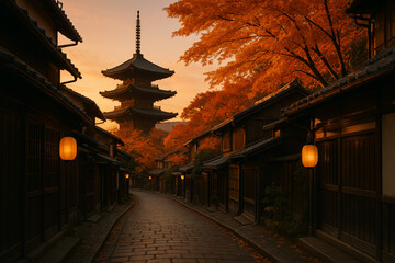 Naklejka premium Historic Kyoto street with glowing lanterns and iconic pagoda surrounded by autumn foliage at golden sunset 