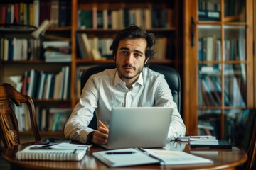 Young businessman sitting at the desk and working with laptop, looking at camera in the modern office. 