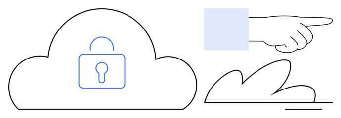 Locked cloud symbol, a hand pointing, and abstract shapes. Ideal for cybersecurity, data privacy, cloud storage, digital safety, secure connection, online protection simple flat metaphor