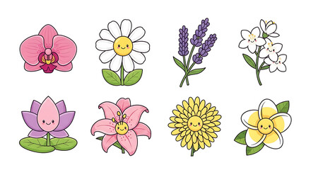 A collection of eight cute kawaii-style flowers with smiling faces, including an orchid, daisy, and lotus.