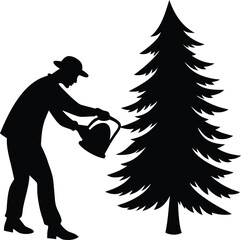 Silhouette of Person Watering a Fir Tree on white background