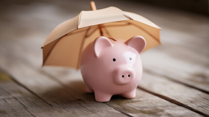 A pink piggy bank stands under a small umbrella as raindrops fall around it. Coins are spread out on the wooden surface, highlighting the theme of saving and protection from financial loss.