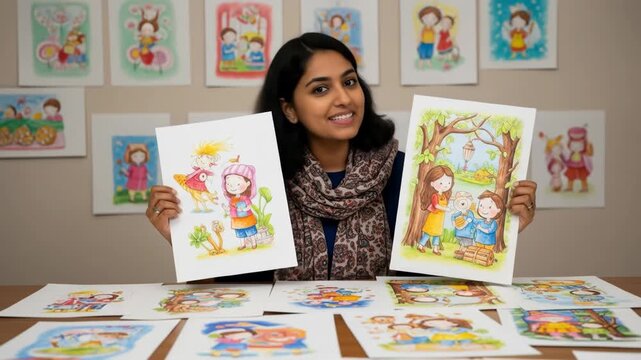 Woman Presenting Illustrations Smiling Showcasing Colorful Artwork with Decorative Background