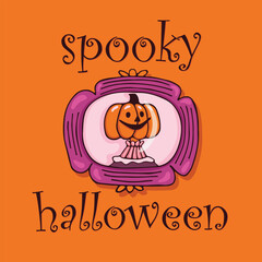 Cute Halloween card. Pumpkin character. Portrait of smiling pumpkin in frame and inscription. Design template for advertising, websites, social networks. Happy Halloween holiday. Vector illustration.