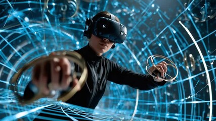 Virtual Reality Immersion: A person immersed in a virtual reality world, wielding controllers as they navigate a network of digital lines, representing the future. - Powered by Adobe