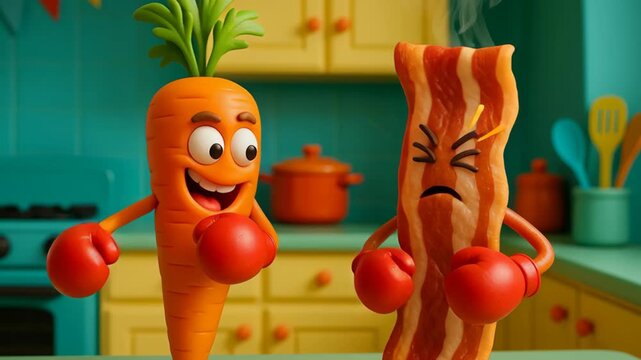 Animated carrot punches bacon in a colorful kitchen showdown featuring vibrant characters and playful interactions