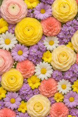 Floral composition with roses, ranunculus, daisies, carnations, and lilacs in pastel and bright colors. Background for decoration and design