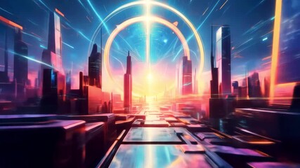 Futuristic cityscape at sunset with vibrant colors and glowing structures, depicting advanced technology - Powered by Adobe