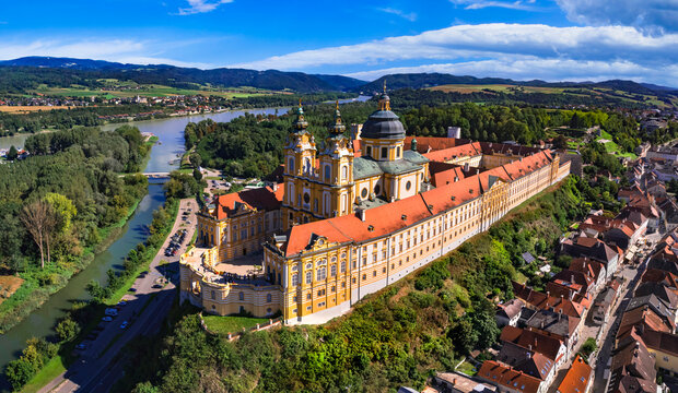 Melk Abbey one of the biggest and most beautiful European Baroque moasteries. Baroque architecture in Wachau valley in Danube river. UNESCO World Heritage Site .aerial drone view