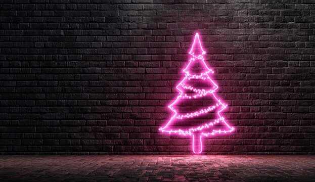 Vibrant pink neon Christmas tree light art on a dark industrial brick wall.