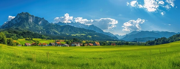 Panoramic view of a serene countryside landscape with mountains, lush green fields, and quaint houses