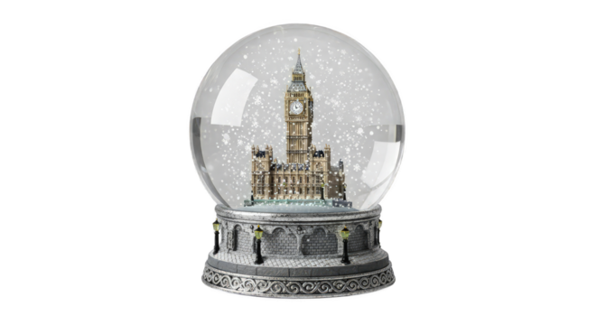 Snow globe with the big ben clock tower inside isolated on transparent background