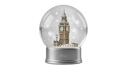 Snow globe with the big ben clock tower inside isolated on transparent background