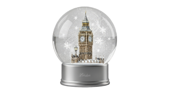 Snow globe with the big ben clock tower inside isolated on transparent background