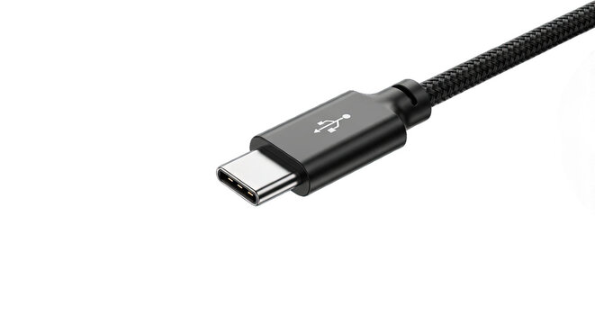Close up of a usb type c connector isolated on transparent background, cable for smartphone