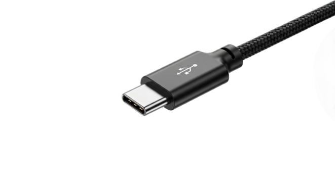 Close up of a usb type c connector isolated on transparent background, cable for smartphone