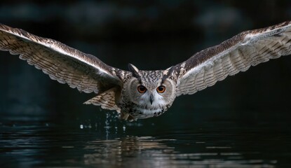 Majestic owl in flight wings spread low over dark water.