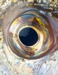 Close-up view of a fish eye, showcasing intricate textures and a rich array of colors, from gold to deep brown and iridescent hues.