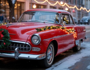 A vintage red car decorated with Christmas lights and a wreath parked on a snowy street. Warm holiday ambiance with festive decorations in the background.