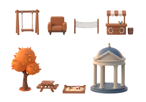 3d icon of outdoor leisure and park elements including swing, armchair, volleyball net, kiosk, tree, picnic table, sandbox, and gazebo isolated on transparent background
