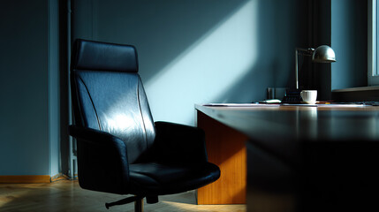 An empty black leather office chair in a dimly lit room, with sunlight streaming across the wall and desk.