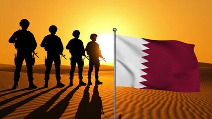 Silhouette of soldiers with qatar flag on desert at sunset or sunrise time - Powered by Adobe