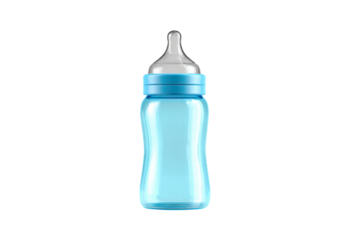 A blue baby bottle with a clear plastic nipple. The bottle is empty. The bottle is on a white background