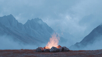 Fototapeta premium Majestic Mountain Landscape with a Cozy Campfire