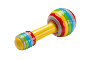 A colorful toy with a yellow handle. The toy is made of plastic and has a striped design
