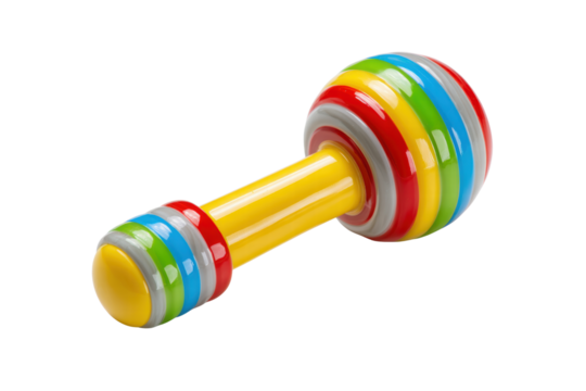 A colorful toy with a yellow handle. The toy is made of plastic and has a striped design