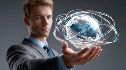 Global Connections: A forward-thinking business executive confidently cradles a holographic representation of the Earth, emphasizing global reach and technological advancement.