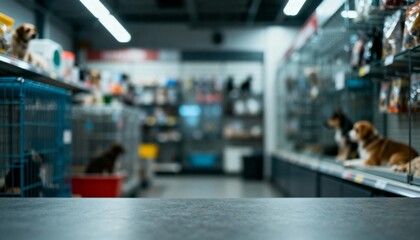 Fototapeta premium Blurred Pet Store Interior with Display Shelf Foreground - Aisle View for Mockup or Display