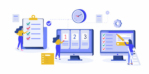 Team working on digital task management and project planning with checklists and computers