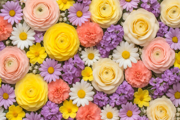 Various flowers including roses, ranunculus, daisies, carnations, and lilacs arranged in floral background. 