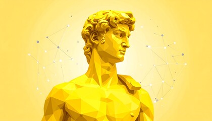 A stylized, golden representation of a male figure, rendered in low-poly style, set against a pale yellow background with abstract geometric patterns.