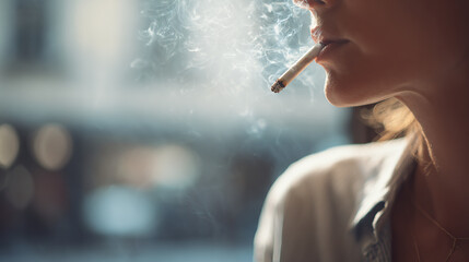 A close-up profile shot of a person smoking a cigarette with a large cloud of smoke visible in the air.
