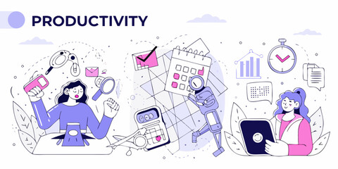 Creative illustration of productivity with people and robots working efficiently on tasks and projects